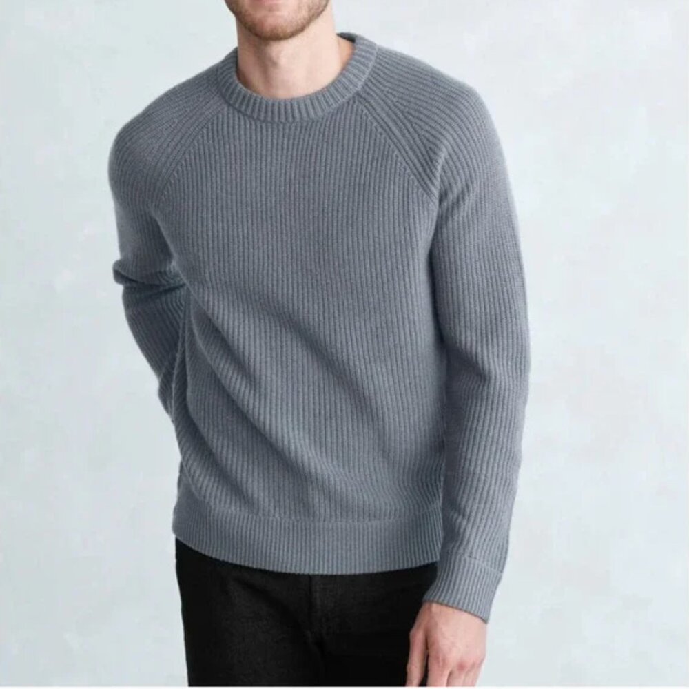 Jenni Kayne Men's Wool and Cashmere Fisherman Sweater Dusty Blue